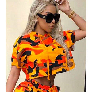 FASHION NOVA Orange Camouflage Short Sleeve Cropped Hoodie Sz Small S